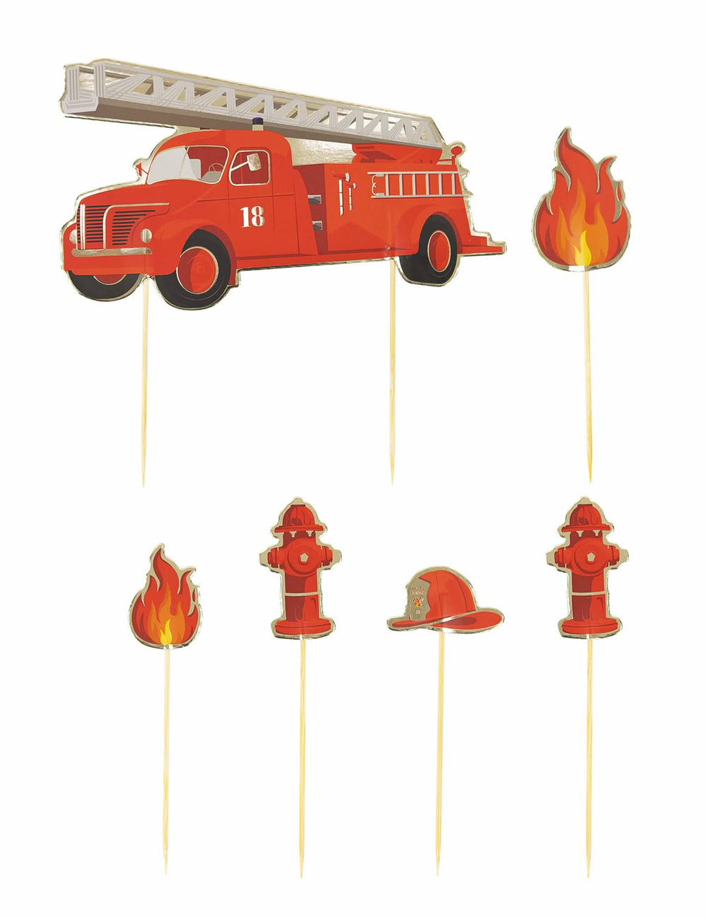 6 decoraciones para pastel Bombero para niño rojas con camión y llamas