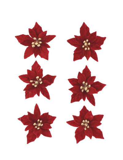 6 flores de pascua adhesivas de terciopelo rojo y oro 5,5 cm