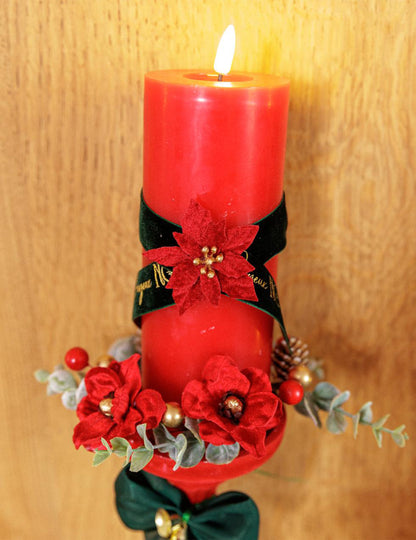 6 flores de pascua adhesivas de terciopelo rojo y oro 5,5 cm