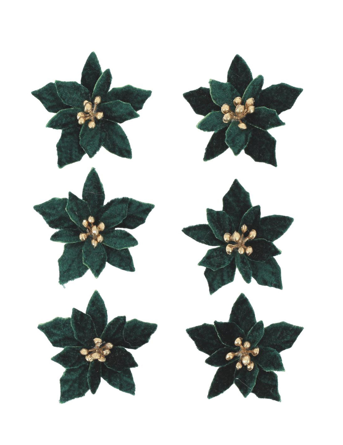 6 flores poinsettia adhesivas de terciopelo verde oscuro y dorado 5,5 cm