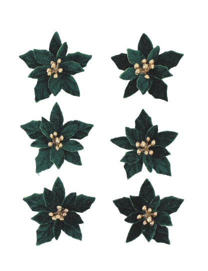 6 flores poinsettia adhesivas de terciopelo verde oscuro y dorado 5,5 cm