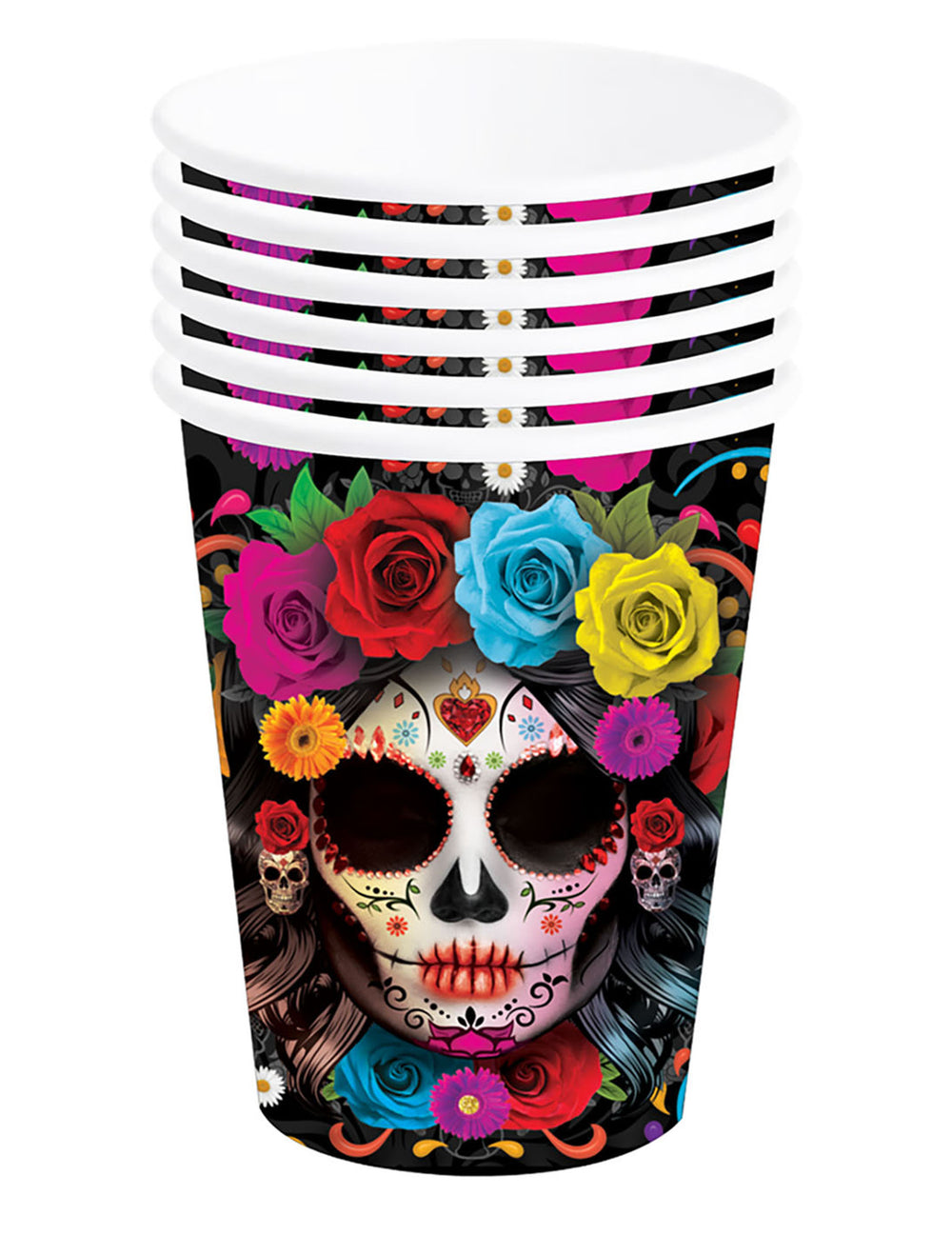 Gros plan sur le motif des gobelets Catrina Dia de los muertos