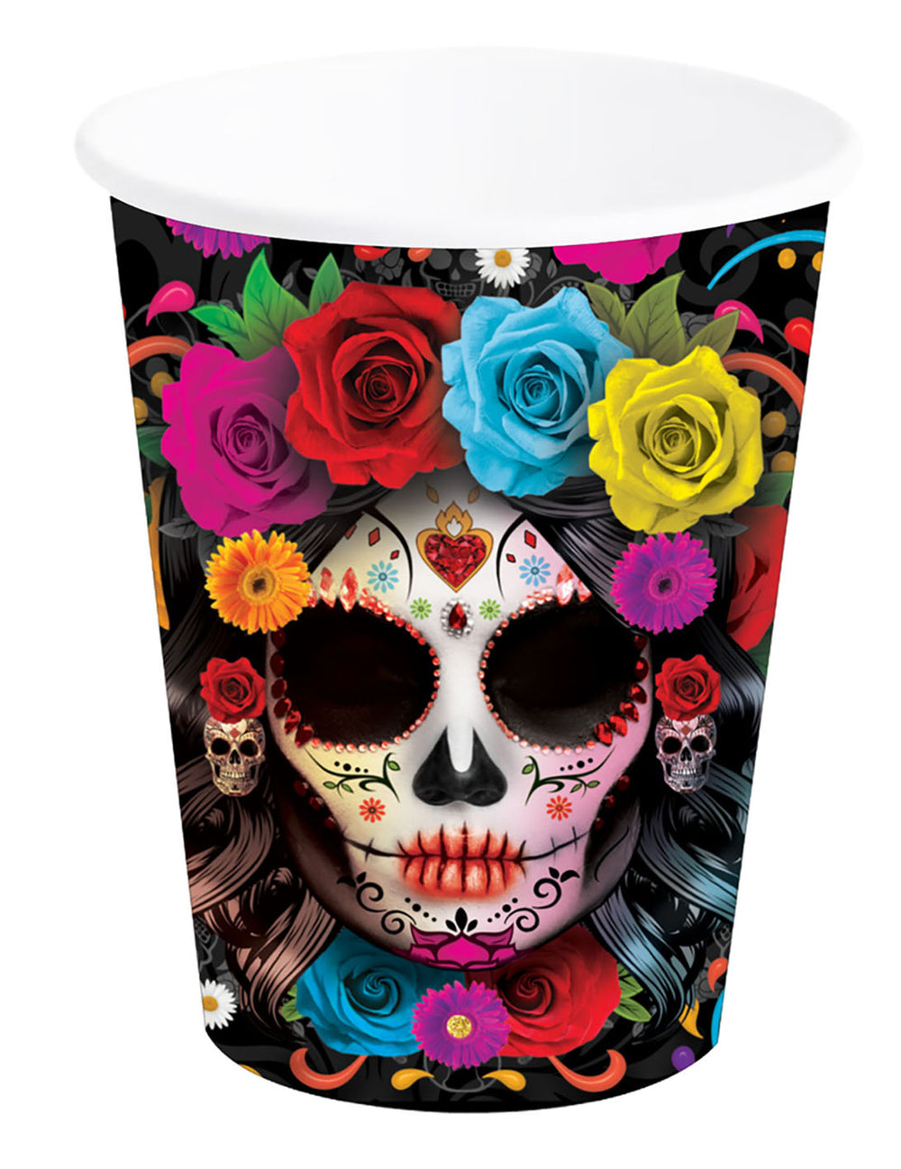 Gobelets Catrina Dia de los muertos noir avec fleurs multicolores