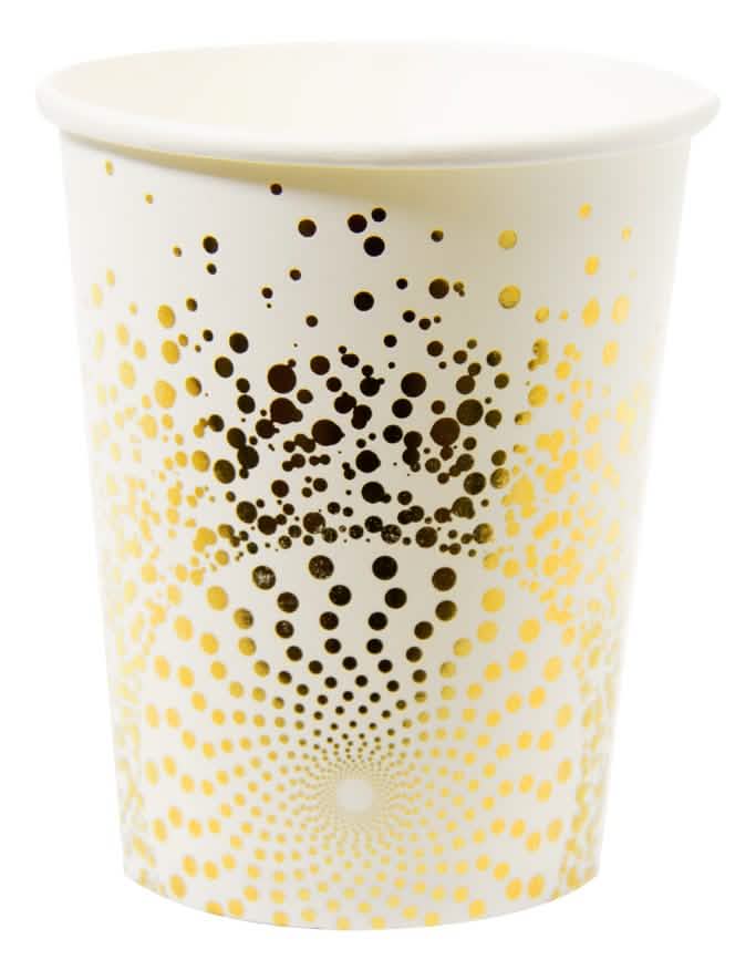 Vasos dorados de de lujo para fiesta blancos con lunares dorados