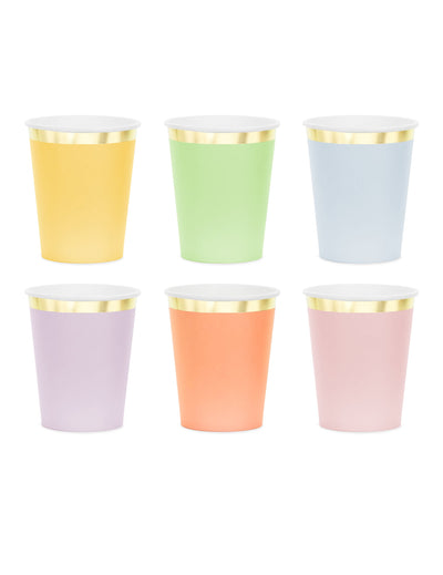 6 Vasos de cartón pastel con borde dorado 220 ml