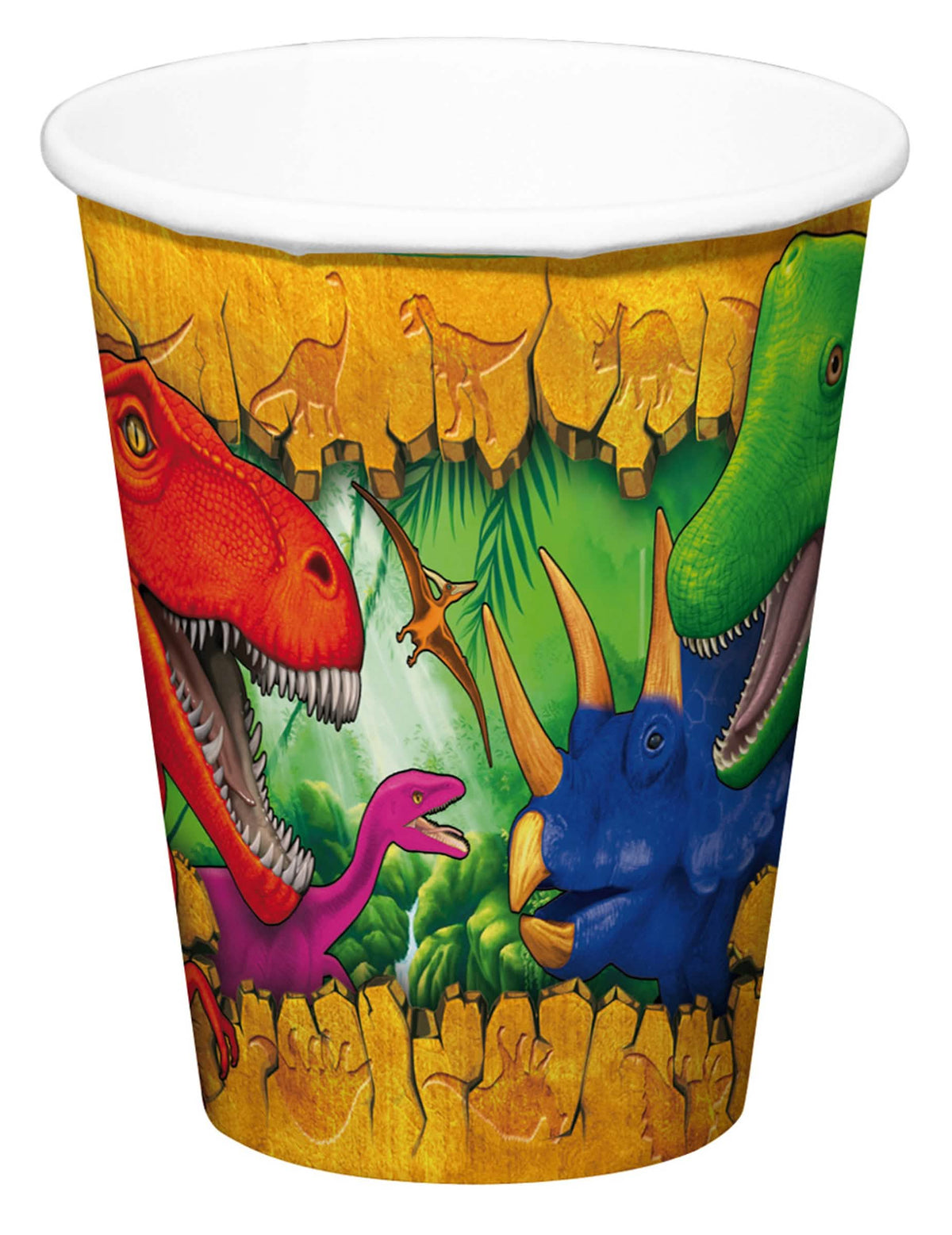 Vasos de cartón Dinosaurios para niño con motivos multicolores