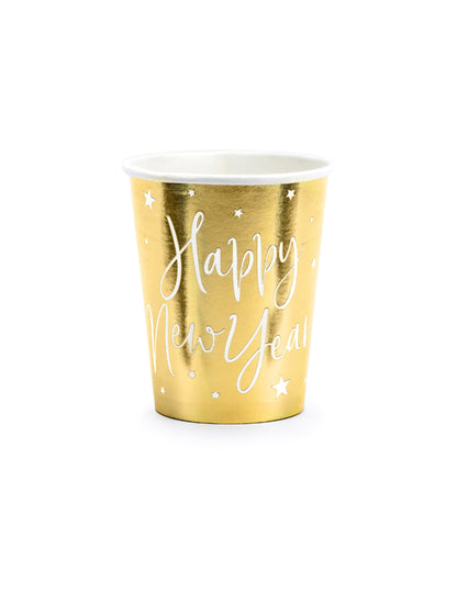 Gobelets en carton Happy New Year pour fête dorés métallisés à étoiles