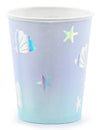 Gobelet en carton licorne des mers bleu iridescent avec coquillages et étoiles de mer