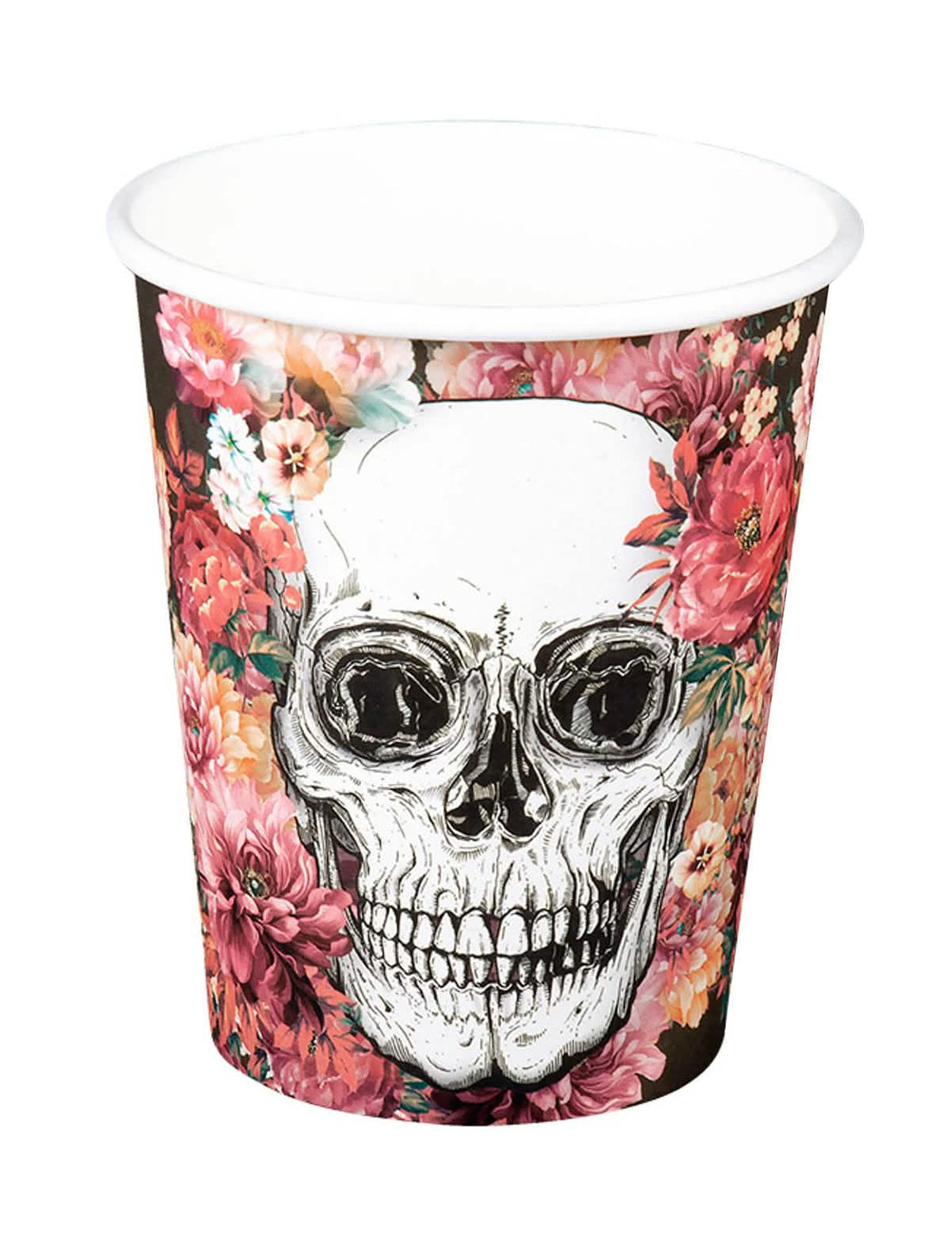 Vasos de cartón de esqueleto floral para fiesta con flores rosas y blancas