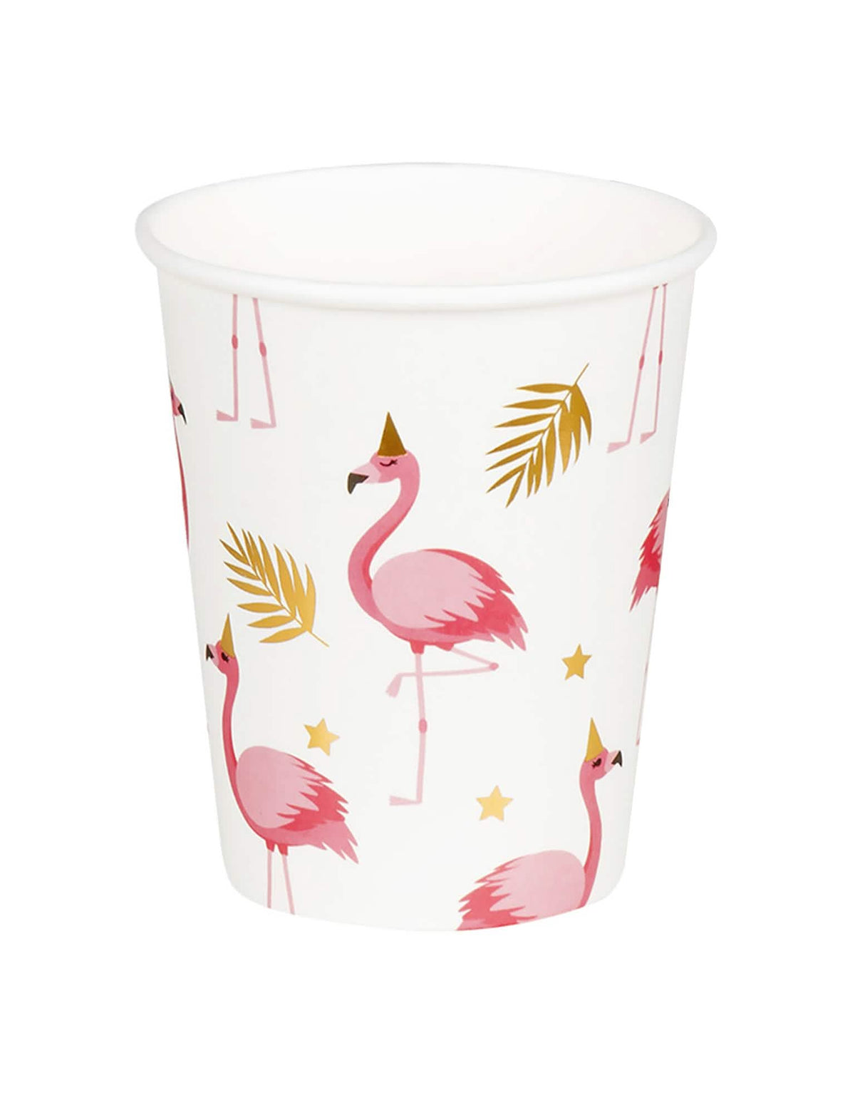 Vasos de cartón Flamant Tropic para fiesta blancos con motivos de flamencos rosas y hojas doradas