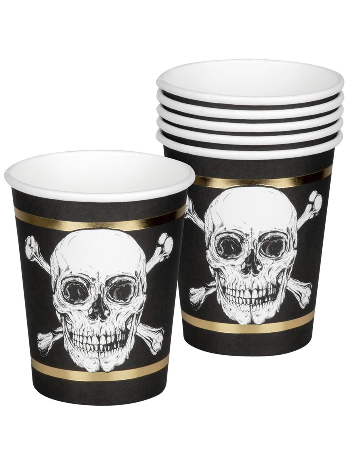 Vista frontal de un vaso de cartón Pirate Jolly Roger