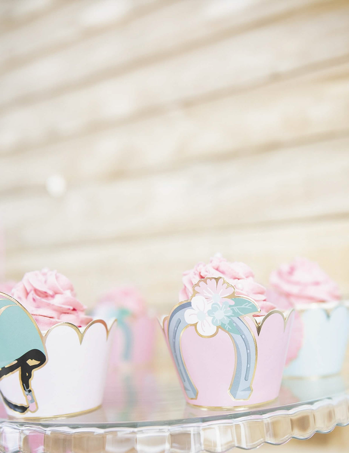 Primer plano del motivo herradura de los moldes para cupcake de caballo azul y rosa pastel