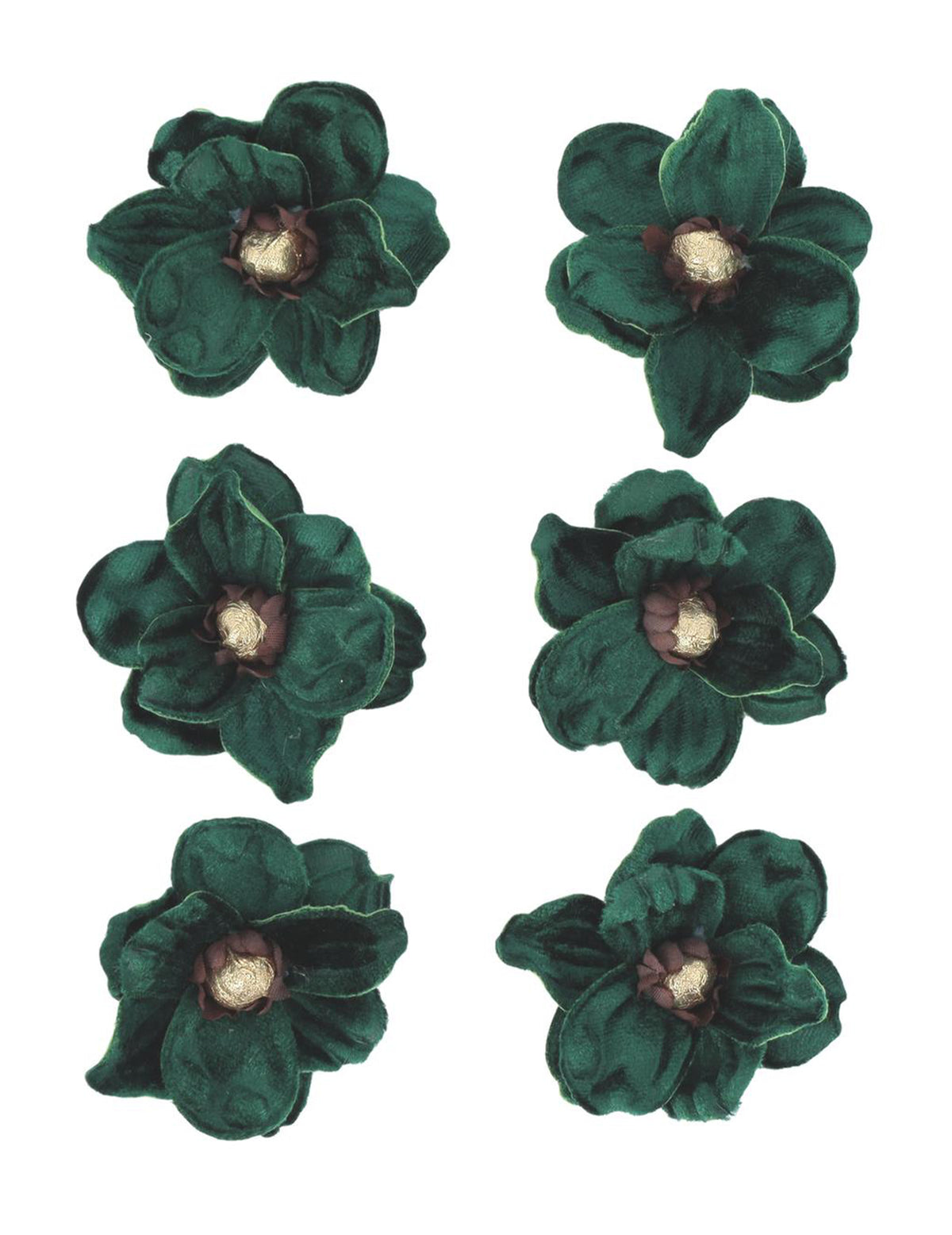 6 magnolias adhesivos de terciopelo verde oscuro y dorado 6 cm