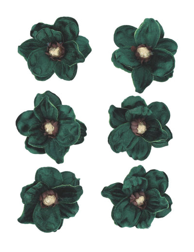 6 magnolias adhesivos de terciopelo verde oscuro y dorado 6 cm
