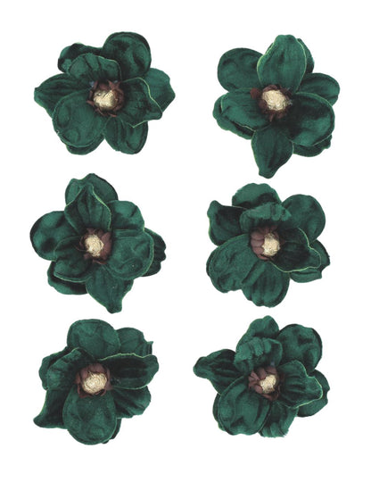 6 magnolias adhesivos de terciopelo verde oscuro y dorado 6 cm