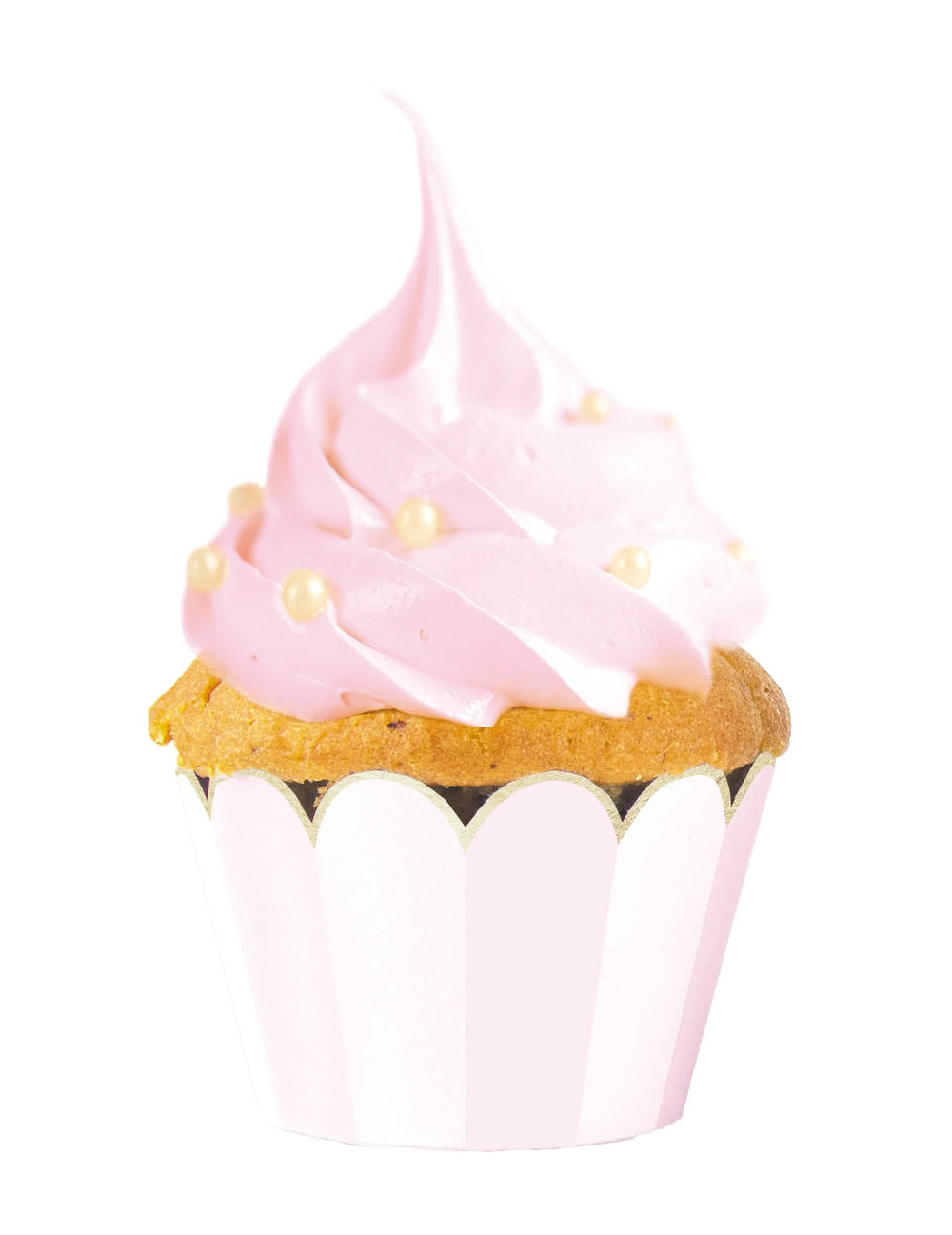 Cubierta para cupcake rosa y blanco con bordes festoneados dorados