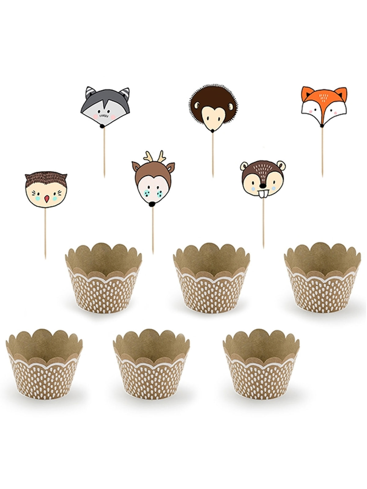 Moules à cupcake et pics en bois animaux de la forêt pour anniversaire kraft et blanc