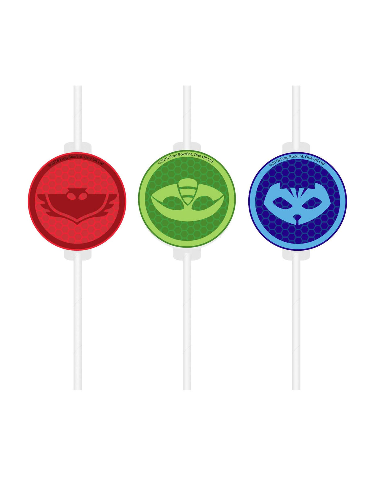 pajitas medallón de cartón PJMasks para niño multicolores rojo verde y azul