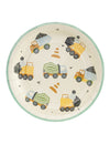 Assiettes camions de chantier pour enfant beige avec bordure verte et motifs colorés