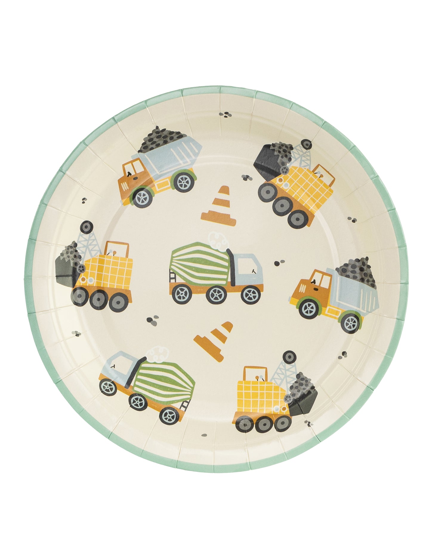 Assiettes camions de chantier pour enfant beige avec bordure verte et motifs colorés