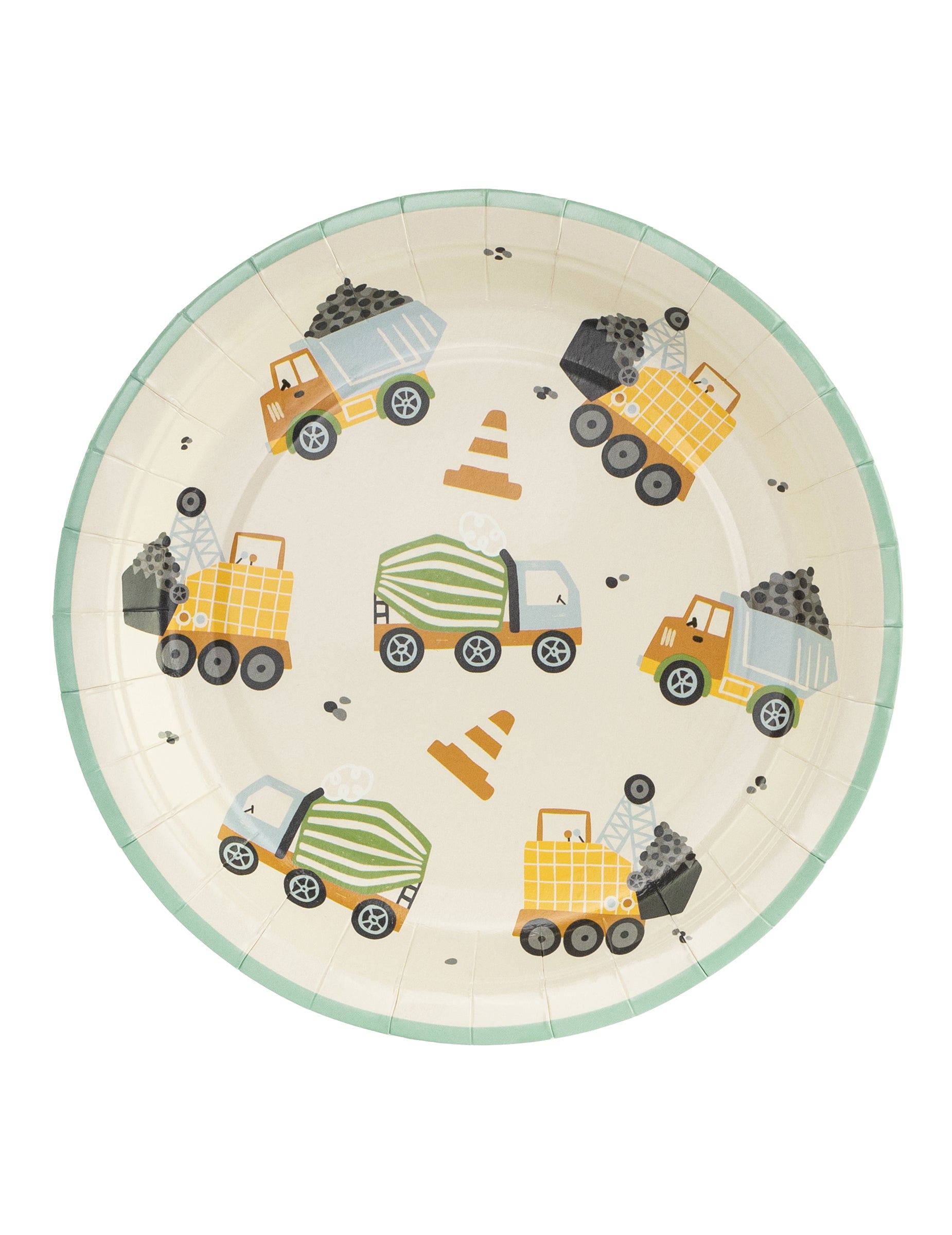Assiettes camions de chantier pour enfant beige avec bordure verte et motifs colorés