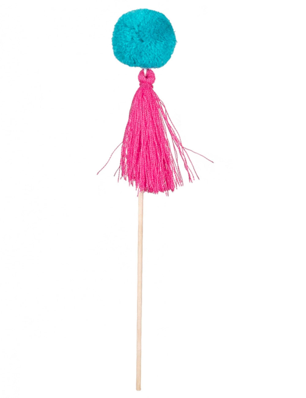 Detalle del pompon azul y de la borla rosa del pico en madera pompones coloridos para fiesta
