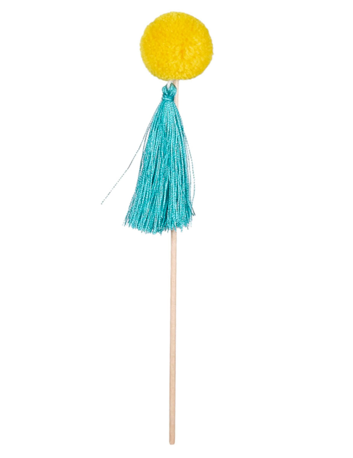 Detalle del pompones amarillo y de la borla turquesa del pico en madera pompones coloridos para fiesta