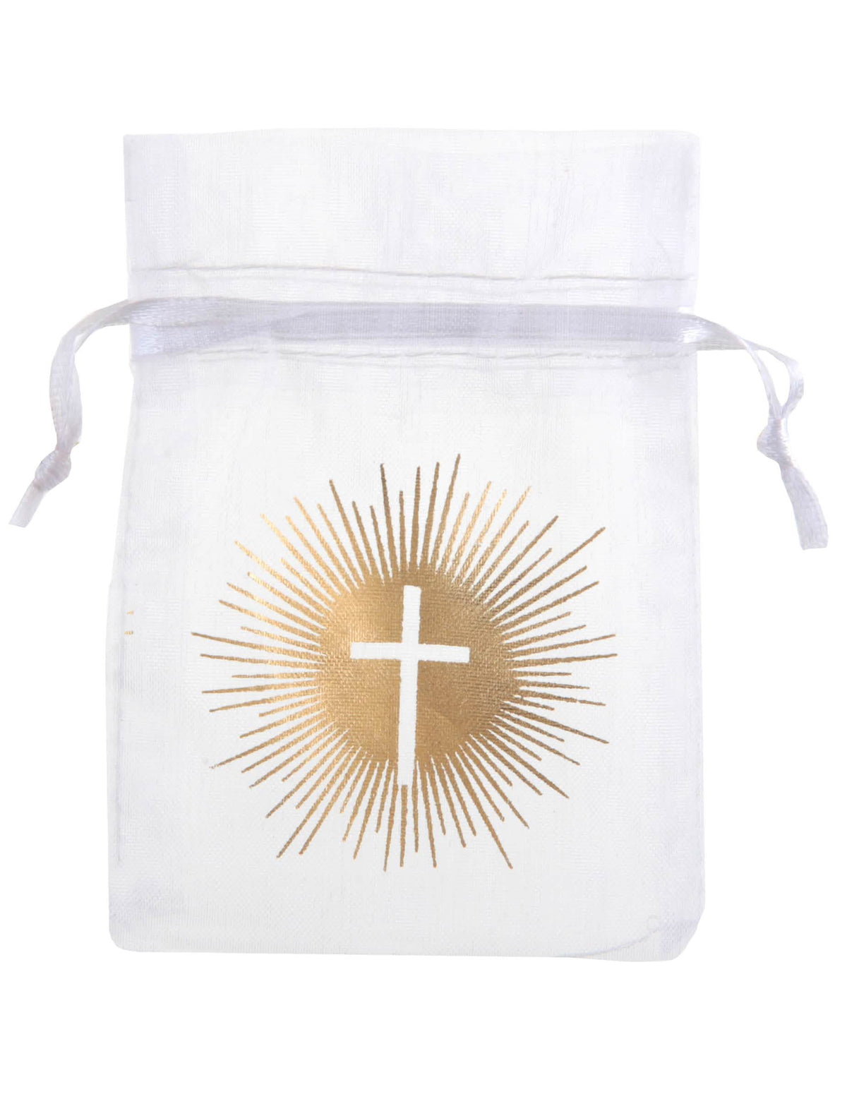 Sachet organdi de cérémonie blanc et doré avec croix