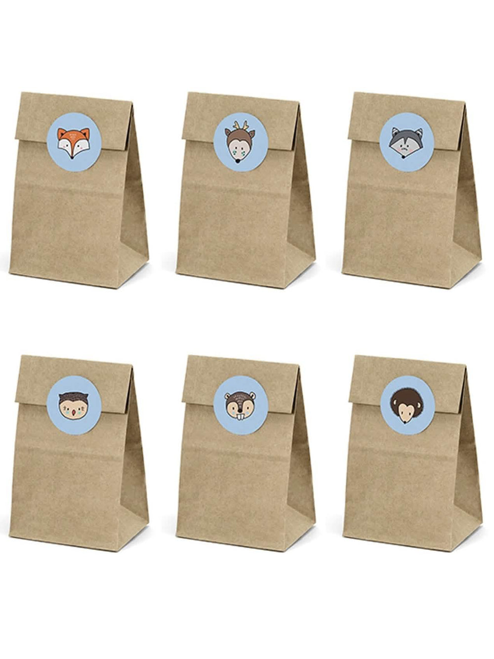 6 bolsas de papel kraft y pegatinas animales del bosque para niño marrón y azul