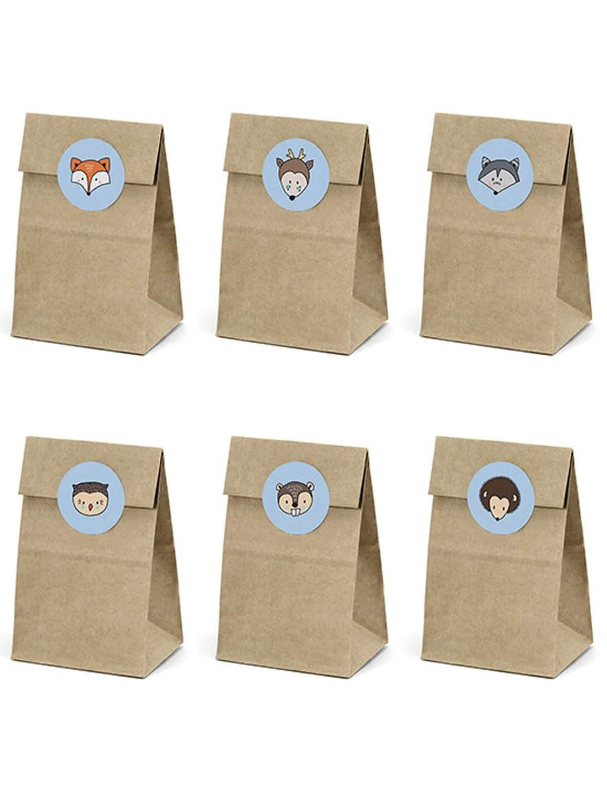 6 bolsas de papel kraft y pegatinas animales del bosque para niño marrón y azul