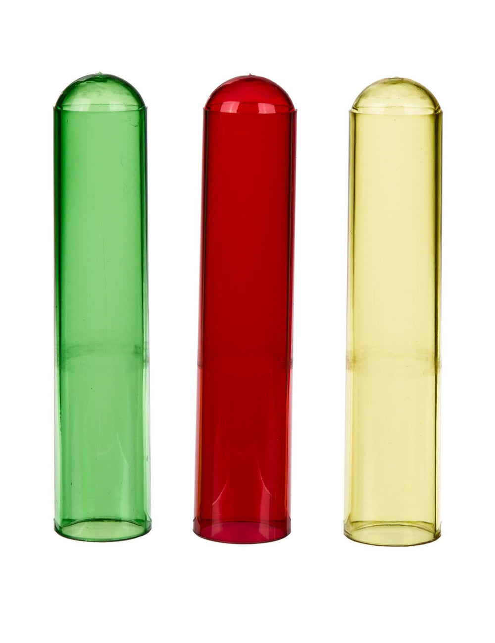 Détail des tubes vert rouge et jaune des shooters tubes à essais pour adulte
