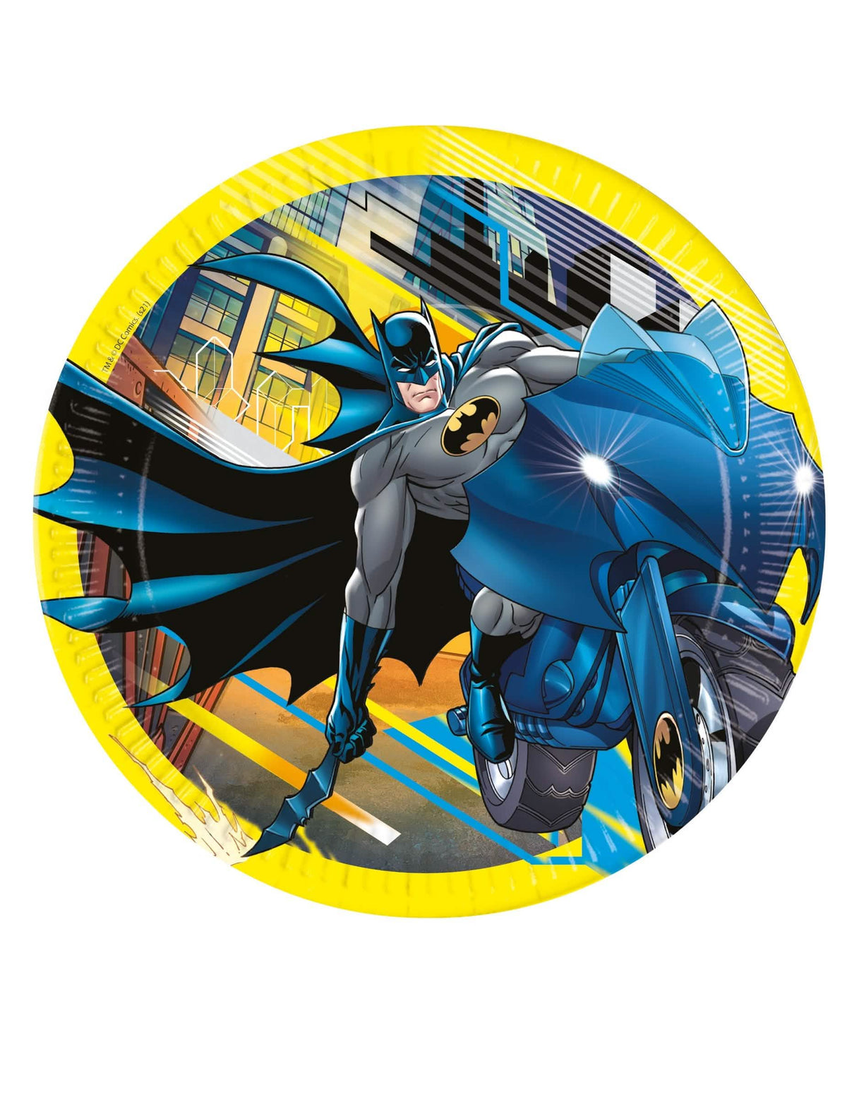 platos de cartón Batman para cumpleaños amarillo con Batman en su moto