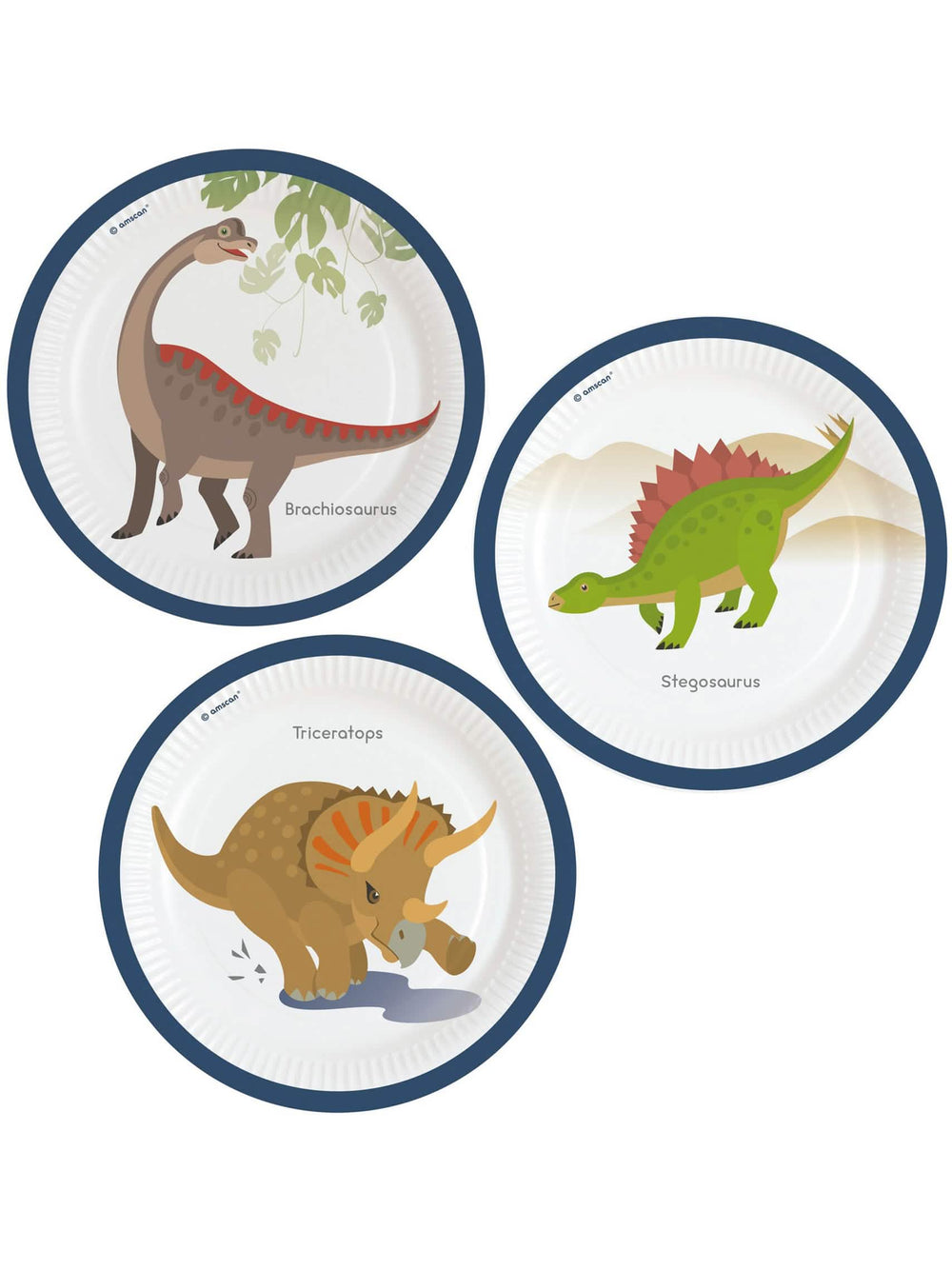 Assiettes en carton grands dinosaures pour anniversaire blanc et bleu avec tricératops stégosaure et brachiosaure