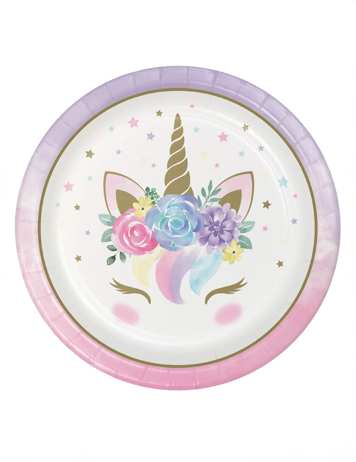 platos de cartón unicornio mágico blancos con motivos de flores y cuerno dorado