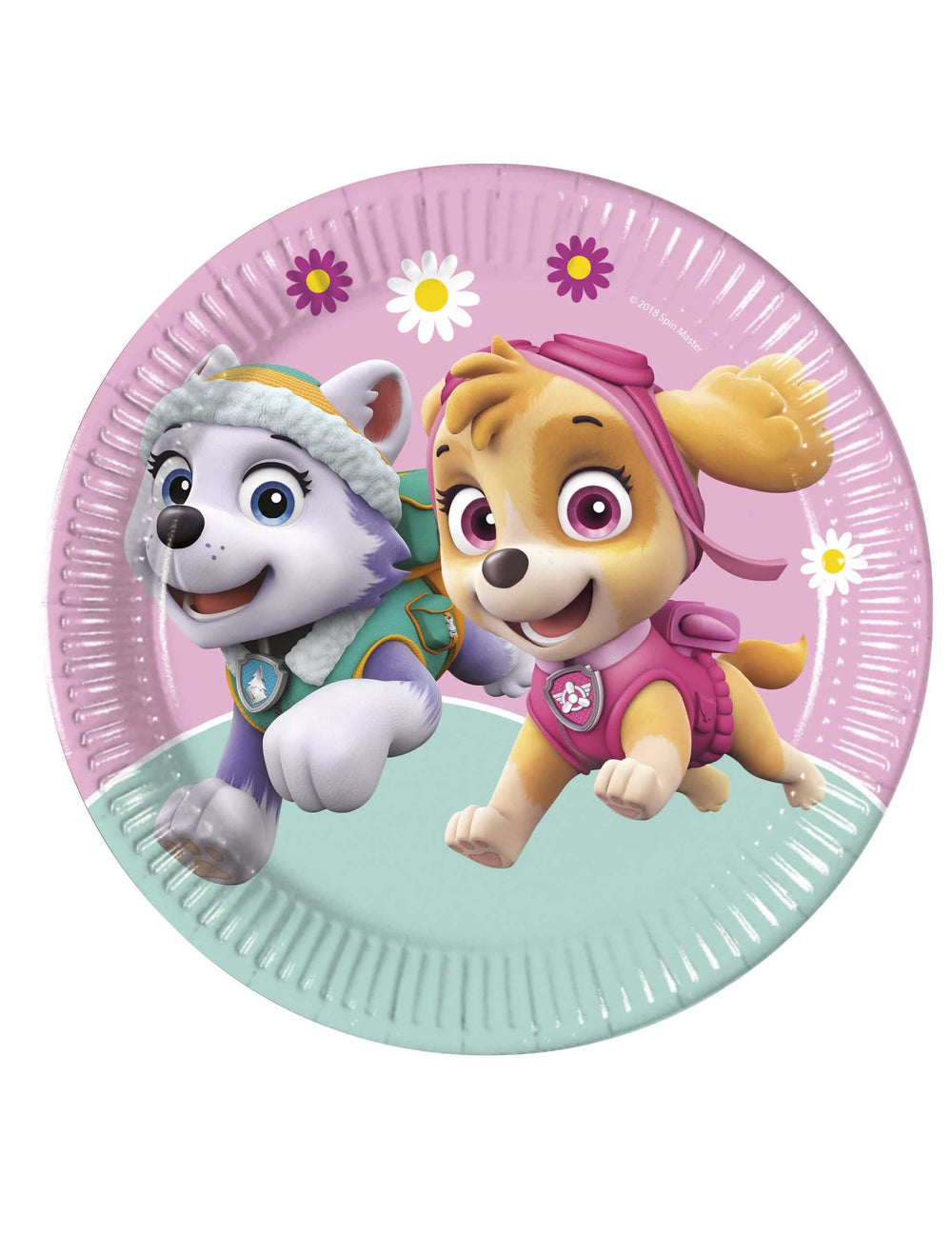 Assiettes en carton Pat' Patrouille Stella et Everest pour enfant rose et bleu avec fleurs