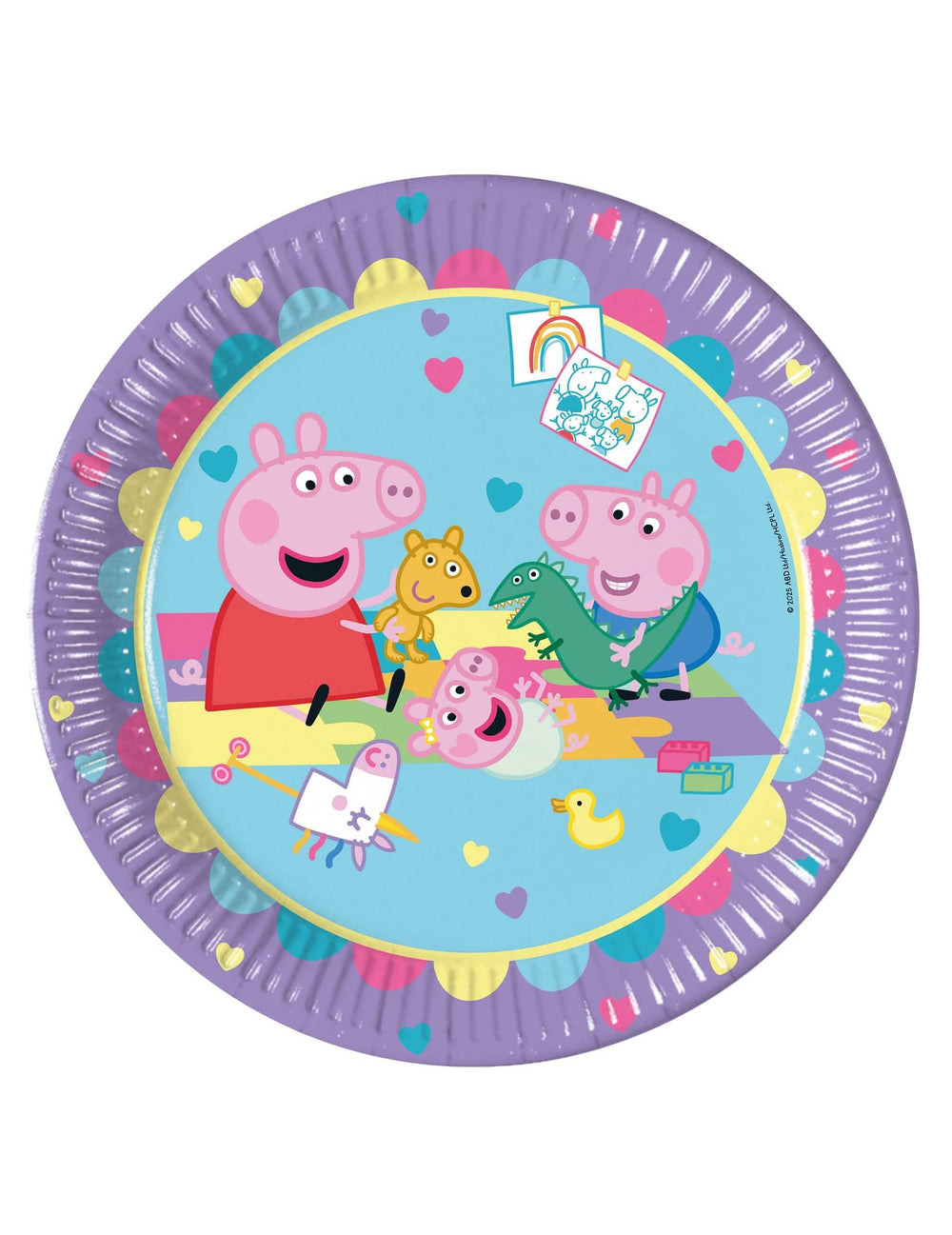 platos de cartón Peppa Pig violetas y azules con motivos de corazones y personajes