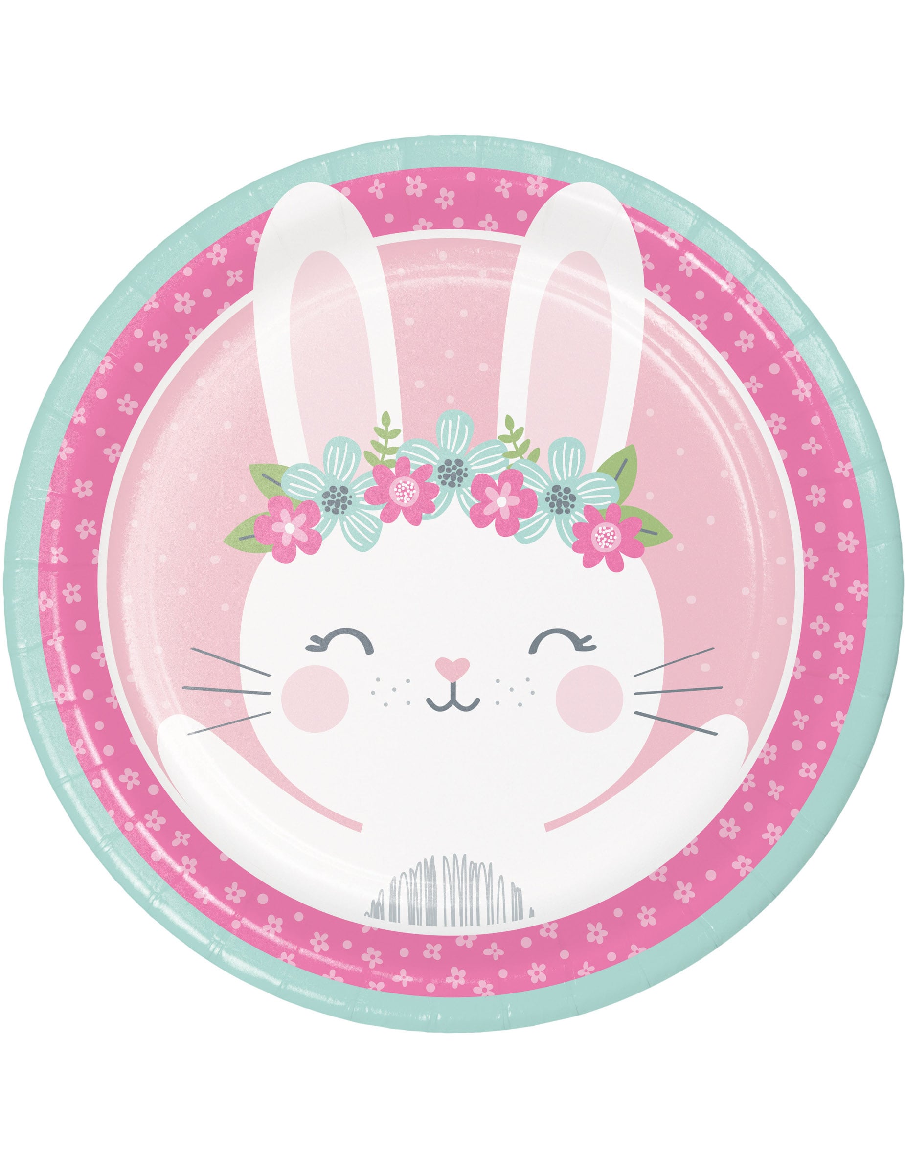 Assiettes en carton petit lapin pour anniversaire roses et vert d'eau