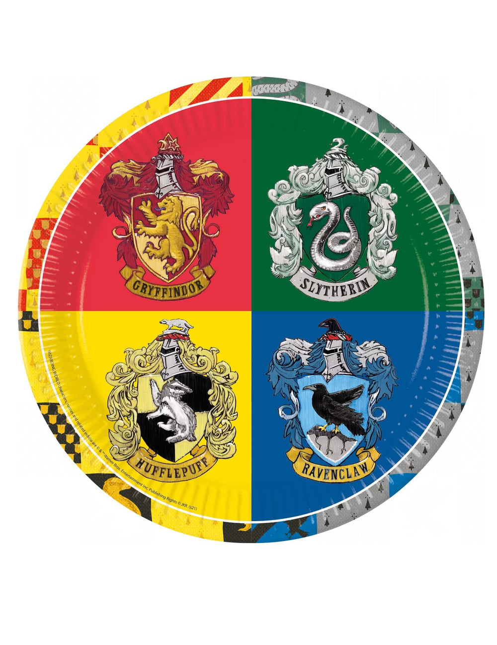 platos de cartón Hogwarts Harry Potter para fiesta multicolores con escudos de las 4 casas