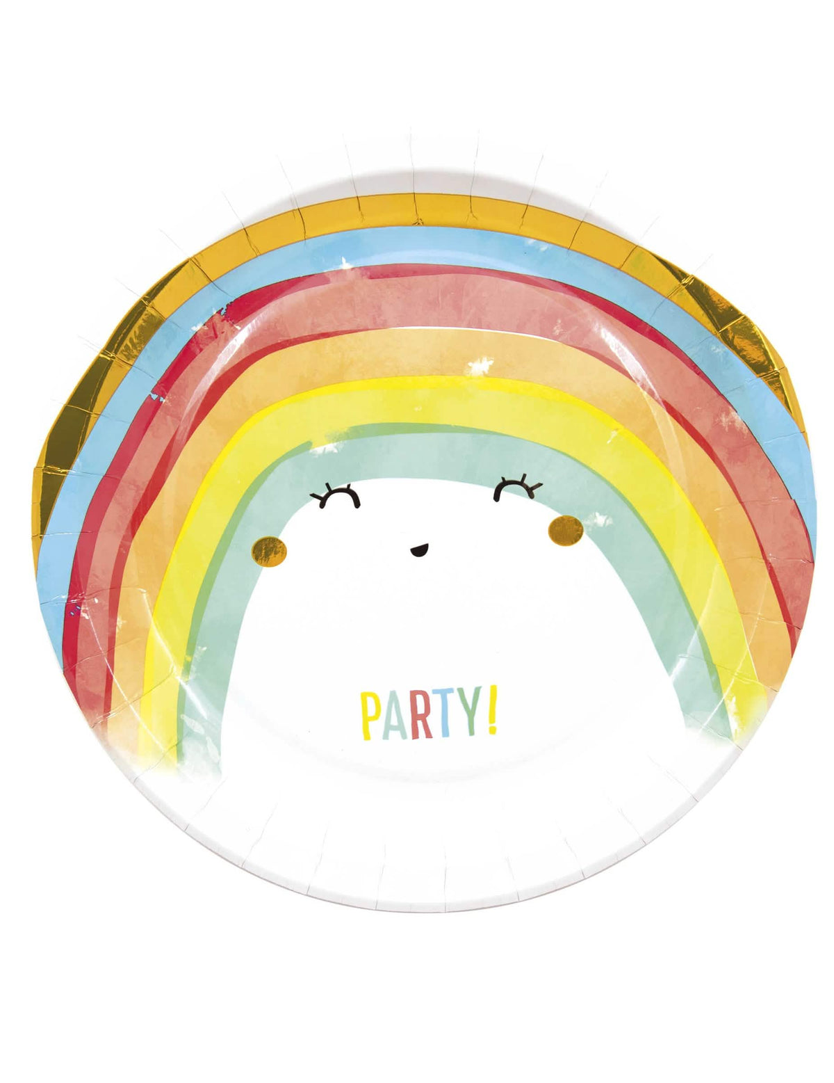 platos de cartón Rainbow party arcoíris para fiesta multicolores con cara sonriente y borde dorado