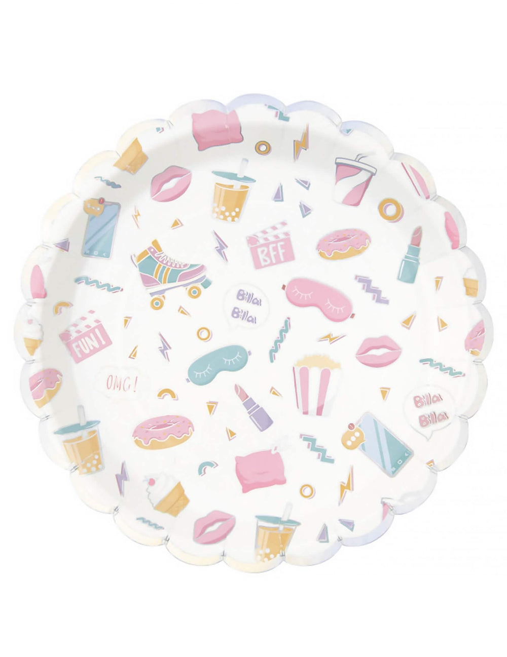 Assiettes festonnées en carton pyjama party pour enfant blanches aux motifs irisés