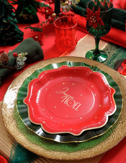 8 platos Feliz Navidad atemporal rojo y dorado 23 cm