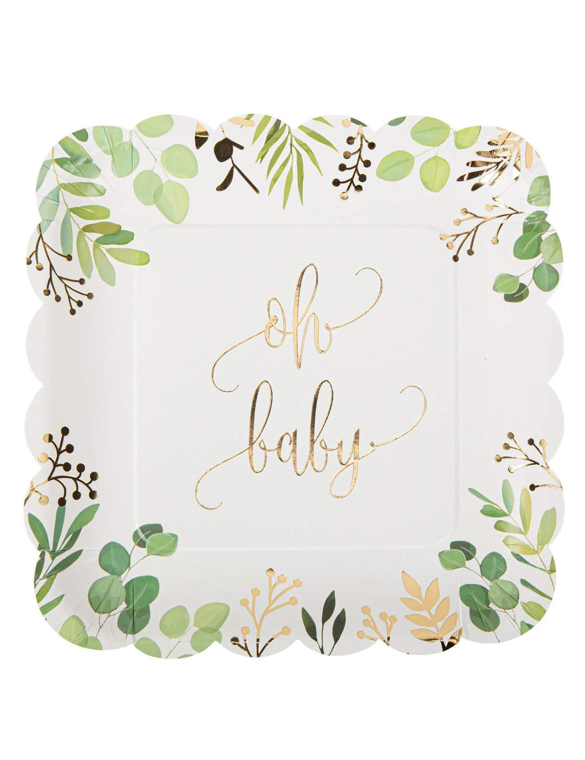 Assiette en carton oh baby eucalyptus pour baby shower carrée festonnée avec dorure