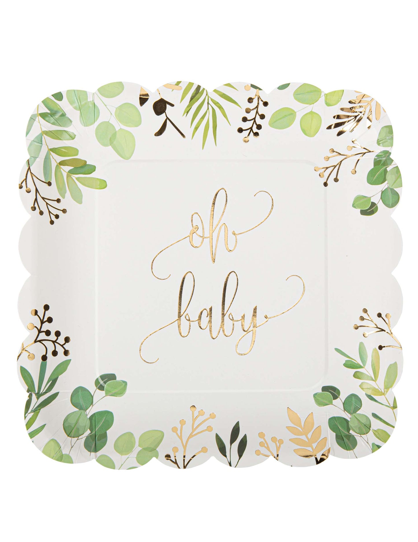 Assiette en carton oh baby eucalyptus pour baby shower carrée festonnée avec dorure