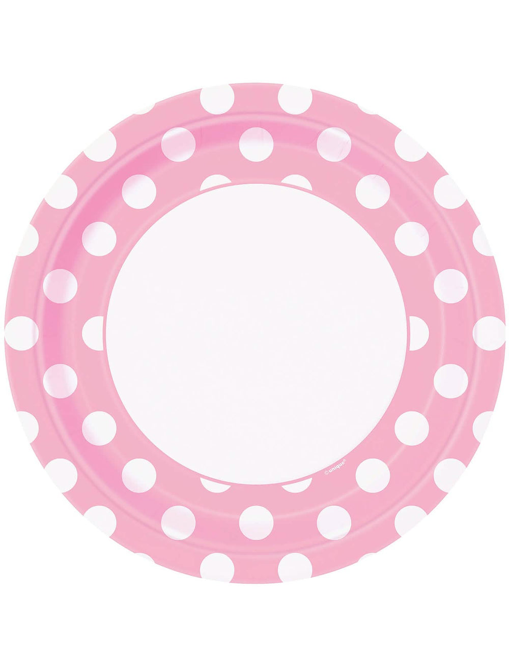 8 platos de cartón rosa claro con lunares blancos