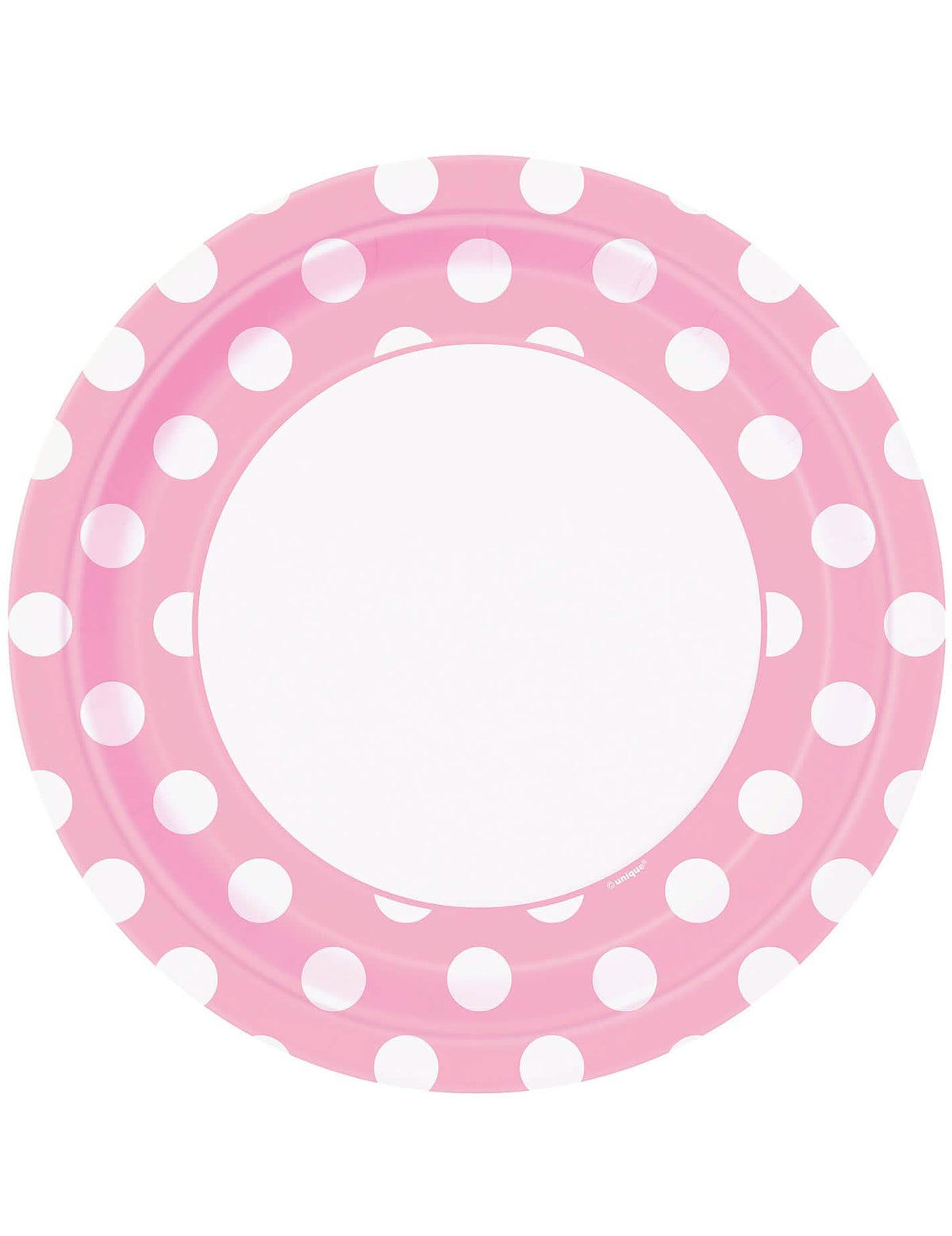 8 platos de cartón rosa claro con lunares blancos