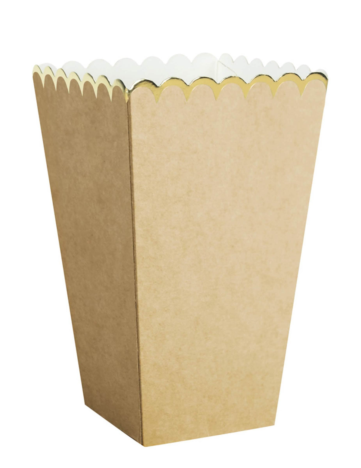 Vue de trois-quarts des boîtes à pop corn kraft et or