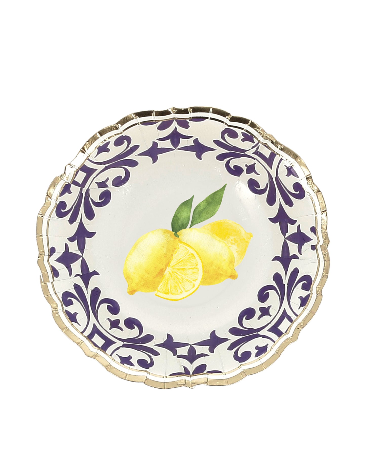 8 cuencos limones cartón azul real, amarillo, blanco y oro 13,5cm motivo floral mediterráneo
