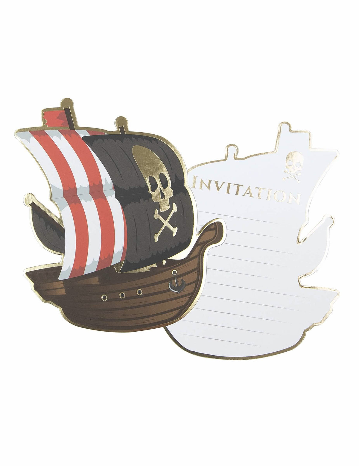 Tarjetas de invitación de barco pirata para niño marrón y rojo con motivo de calavera dorada