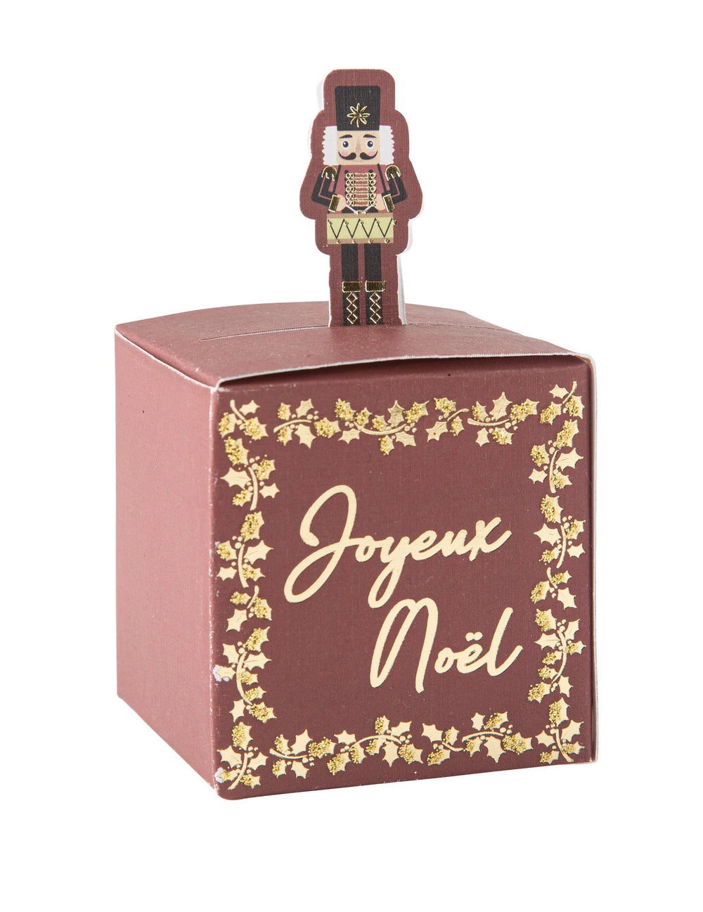 Contenant Joyeux Noël casse-noisette bordeaux avec figurine et détails dorés