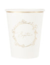 Gobelets en carton baptême blanc et fleurs dorées